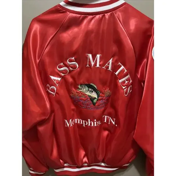 Vintage 1980s BASS MASTERS Red Satin Bomber Jacket w/PatchS & Logo